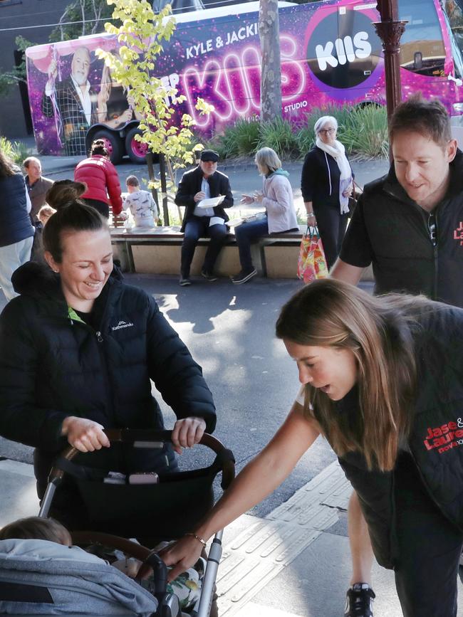 A bus promoting Kyle and Jackie O for KIIS FM circles the South Melbourne area at the same time Lauren and Jase from Nova FM do a promotion at South Melbourne Market. Picture: David Crosling.