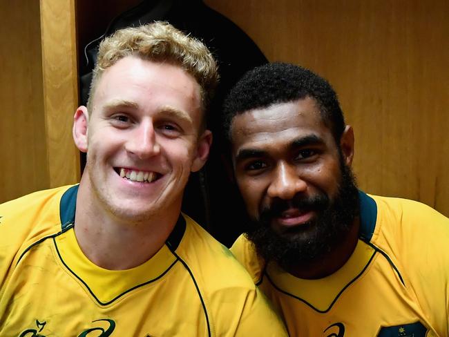 CARDIFF, WALES - NOVEMBER 11: Reece Hodge of Australia and Marika Koroibete of Australia celebrate following the Under Armour Series match between Wales and Australia at Principality Stadium on November 11, 2017 in Cardiff, Wales.  (Photo by Dan Mullan/Getty Images)