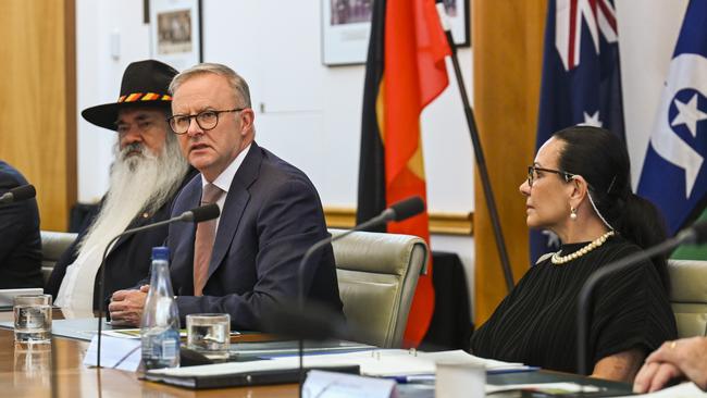 Senator Pat Dodson, Anthony Albanese and Indigenous Australians Minister Linda Burney at a Referendum Working Group meeting in Canberra. Picture: NCA NewsWire / Martin Ollman