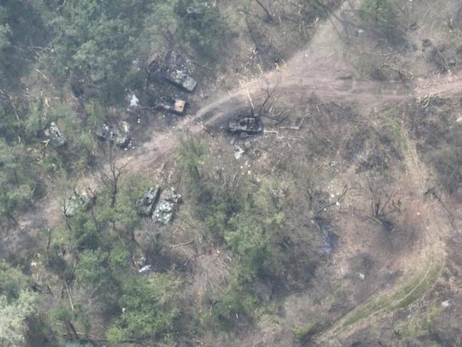 Bombed tanks on the banks of the Siverskyi Donets River in eastern Ukraine. Picture: Defence of Ukraine/Twitter