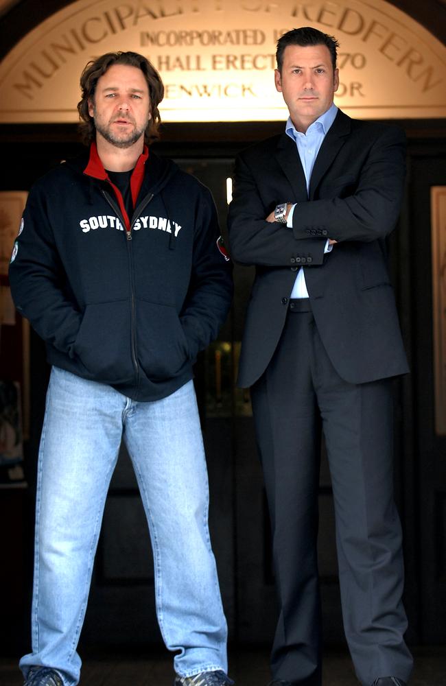 Actor Russell Crowe (l) with businessman Peter Holmes a Court, co-owners of South Sydney Rabbitohs rugby league team, during filming of TV program documentary 