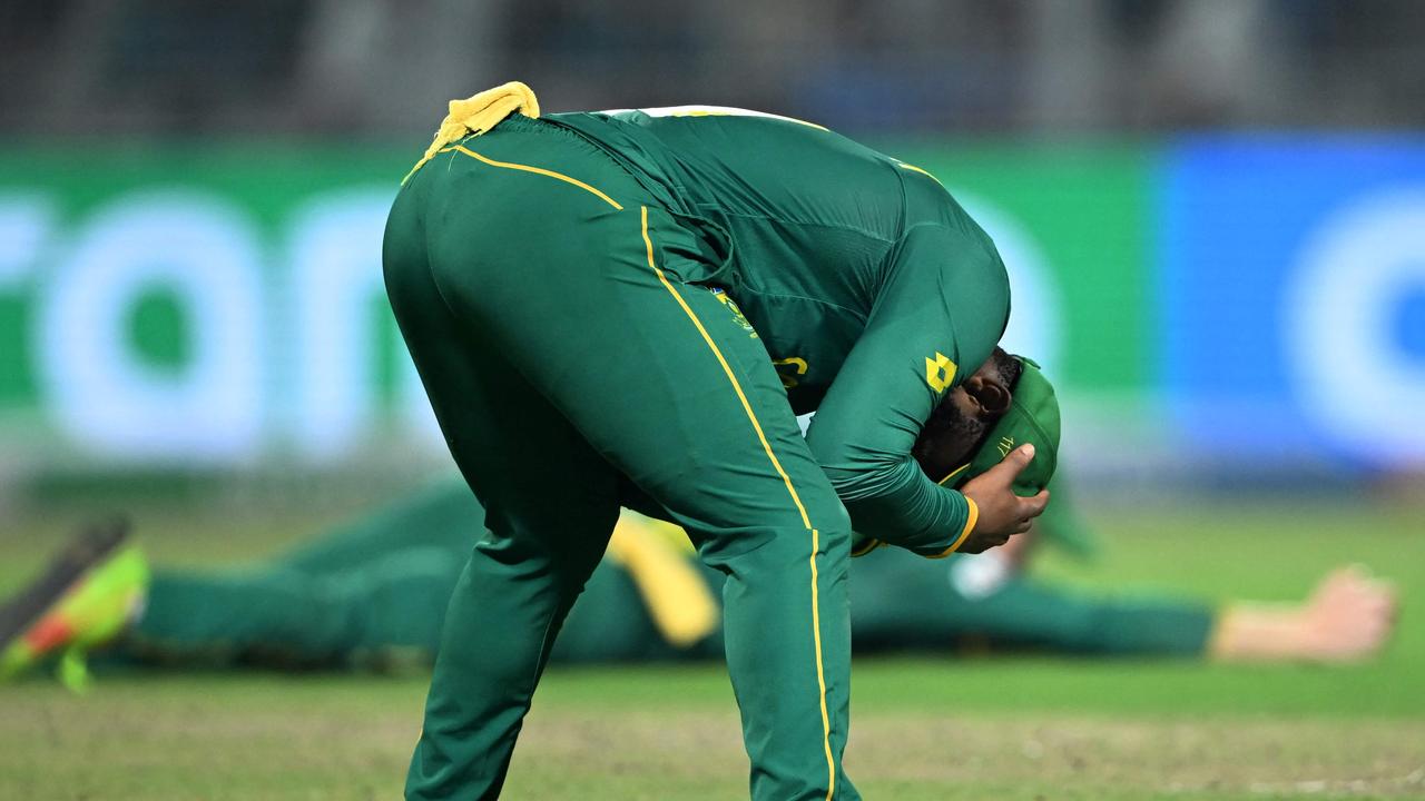 South Africa's captain Temba Bavuma reacts to a missed chance. (Photo by DIBYANGSHU SARKAR / AFP)