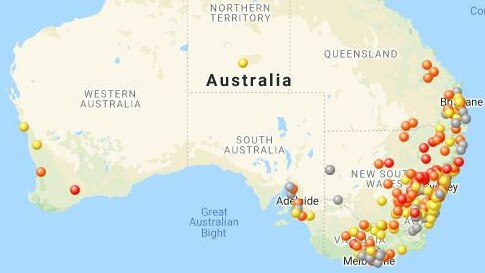 MouseAlert map showing the extent of the mice plague in May, 2021. Red represents high numbers, orange shows medium numbers, yellow shows low numbers and grey represents none. Picture: MouseAlert