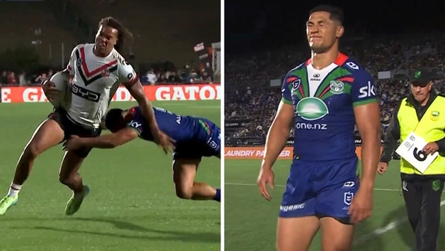 Roger Tuivasa-Sheck's stunning tackle and reaction afterwards. Photos: Fox Sports