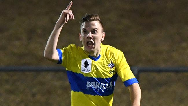 Ryan Palmer snared a double in Brisbane Strikers’ 3-2 win against Moreland Zebras. Picture: AAP