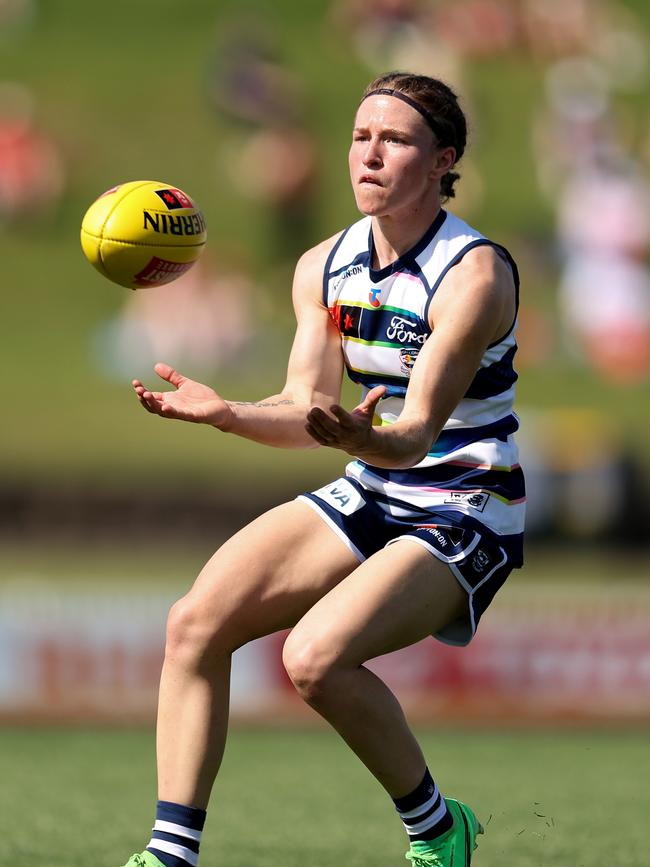 Mikayla Bowen wears the Cats’ new pride jumper in Sunday’s match against Sydney. Picture: Brendon Thorne/AFL Photos/via Getty Images