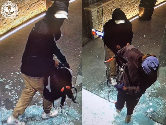 CCTV footage shows three masked men trying to smash their way into a Walkerville jewellery shop. Picture: SAPOL