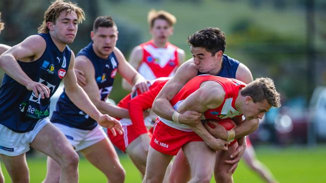 Launceston’s Miller Hodge tackles Clarence’s Oscar Paprotny in their clash last year. Picture: Solstice Digital