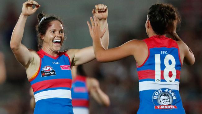 Emma Kearney celebrates a goal for the Western Bulldogs. Picture: Getty Images