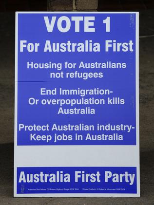 An Australia First sign at an anti-immigration forum.