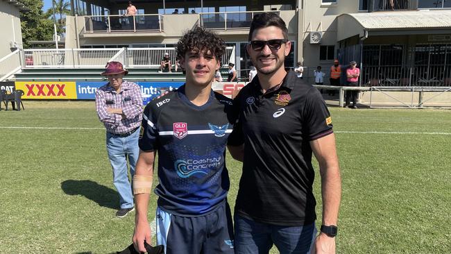 Caloundra SHS halfback and man of the match Tully McLellan with Matt Gillett.