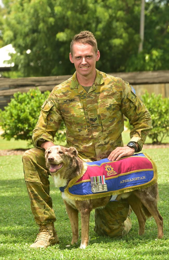 Corporal Chris Latimer with former explosive detection dog (EDD) Bullseye who completed a tour to Afghanistan. Picture: Evan Morgan