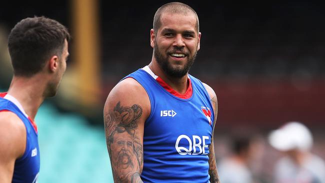 Lance Franklin has accepted Shane Mumford’s apology and was at training with his teammates on Tuesday. Picture: Phil Hillyard