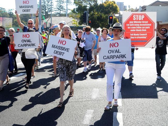 Opponents of the plan to build a carpark under Manly Oval marched the streets in protest. Picture: Elenor Tedenborg.