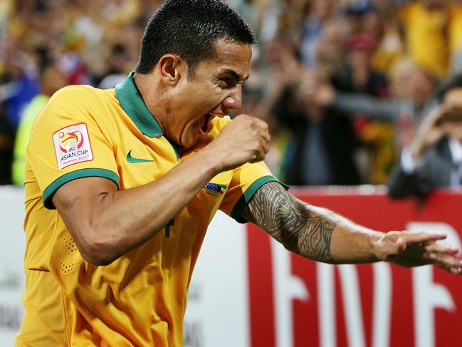 Asian Cup: Socceroos v Kuwait at Melbourne Rectangular Stadium, Australia's Tim Cahill celebrate's a goal.  Melbourne. 9th January 2015. Picture: Colleen Petch.