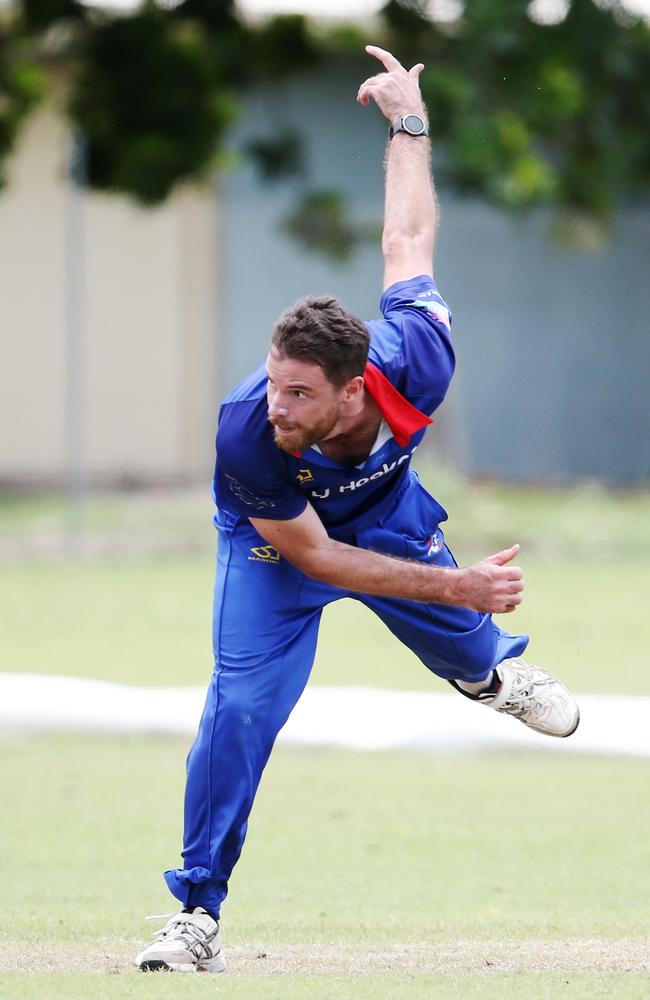 Jordan Fulton bowls for Barron in the Cricket Far North match between Atherton and Barron, held at Crathern Park, Trinity Beach. Picture: Brendan Radke