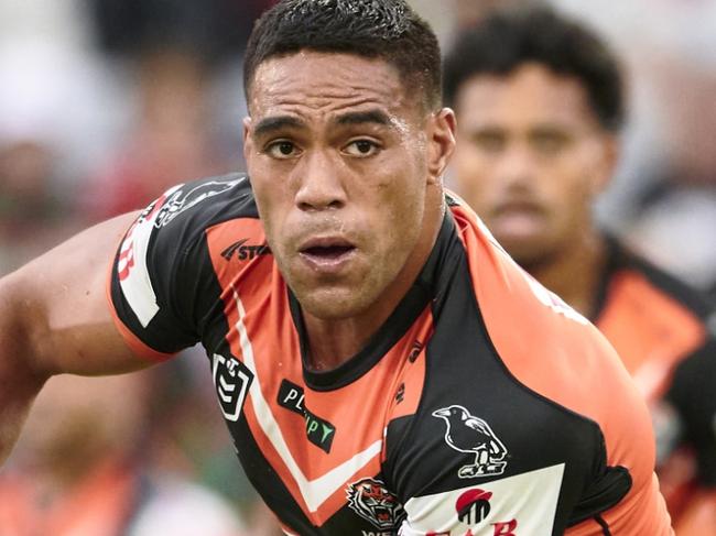 SYDNEY, AUSTRALIA - MAY 13: Joe Ofahengaue of the Tigers runs the ball during the round 11 NRL match between South Sydney Rabbitohs and Wests Tigers at Accor Stadium on May 13, 2023 in Sydney, Australia. (Photo by Brett Hemmings/Getty Images)