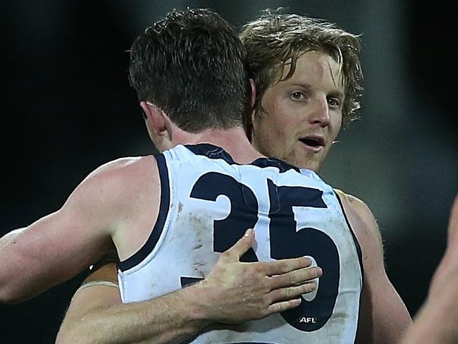 AFL Round 18 : Geelong v Adelaide Rory Sloane &Patrick Dangerfield  after the game Picture:Wayne Ludbey