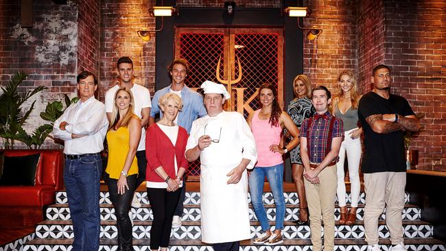 Hell's Kitchen Australia 2017, Marco Pierre White with the cast: David Oldfield Candice Warner, Gary 'Gaz' Beadle, Deborah Lawrence, Lincoln Lewis, Marco Pierre White, Jess Fox, Pettifleur Berenger, Issa Shultz, Sam Frost, Willie Mason. Picture: Channel 7