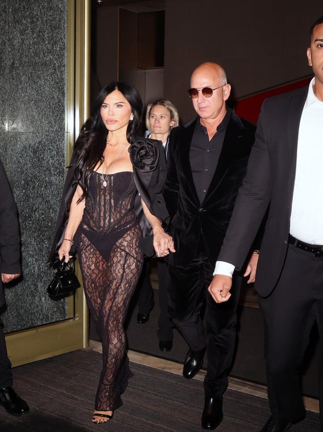 Sánchez sported a sheer lace gown with her underwear exposed while Bezos chose a black velvet suit. Picture: Cobra Team