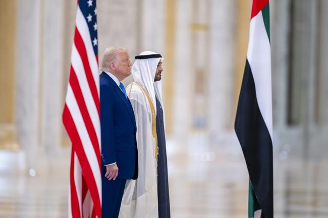 US President Donald Trump and the UAE's Sheikh Mohamed bin Zayed Al Nahyan stand for the national anthems at Qasr Al-Watan in Abu Dhabi