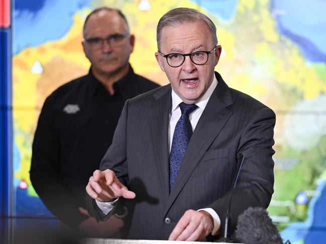 CANBERRA, AUSTRALIA  - NewsWire Photos - MARCH 6 2025: Prime Minister Anthony Albanese and National Emergency Management Agency Deputy Coordinator-General, Joe Buffone hold a media briefing in the National Situation Room (NEMA) in Canberra. Picture: NewsWire / Martin Ollman