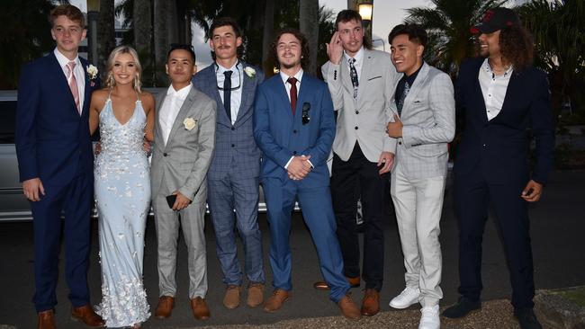 Paolo Esgverra, Milla Ralph, Kennedy Taarae, Connor Laycock, Logan Purdy, Revelle Macphee and Elija Levitz at the Mackay North State High School Year 12 formal at the Mackay Entertainment and Convention Centre, Saturday November 21, 2020. Picture: Heidi Petith