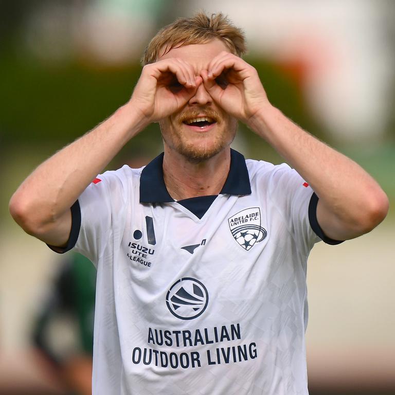 Ben Halloran of Adelaide United celebrates scoring a goal during the match between Western United and Adelaide United in Ballarat. Picture: Morgan Hancock/Getty Images
