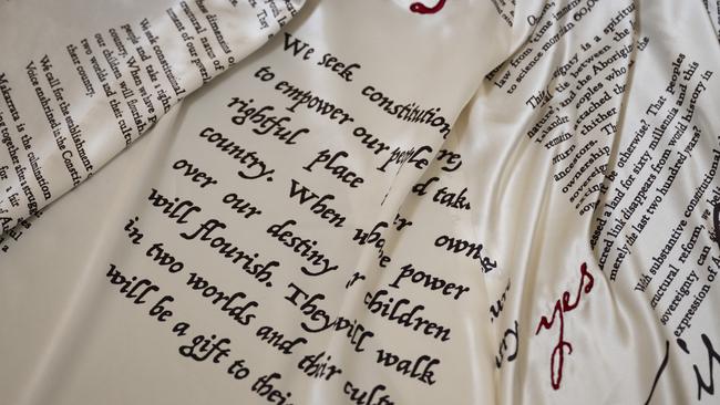 The bespoke gown by indigenous fashion label Clothing The Gap is embroidered with the Uluru Statement from the Heart. Picture: NCA NewsWire / Martin Ollman