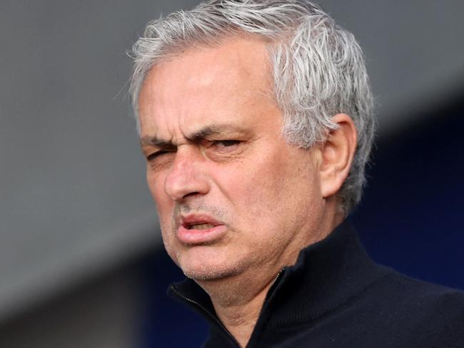 Tottenham Hotspur's Portuguese head coach Jose Mourinho reacts ahead of the English Premier League football match between Everton and Tottenham Hotspur at Goodison Park in Liverpool, north west England on April 16, 2021. (Photo by Clive Brunskill / POOL / AFP) / RESTRICTED TO EDITORIAL USE. No use with unauthorized audio, video, data, fixture lists, club/league logos or 'live' services. Online in-match use limited to 120 images. An additional 40 images may be used in extra time. No video emulation. Social media in-match use limited to 120 images. An additional 40 images may be used in extra time. No use in betting publications, games or single club/league/player publications. /