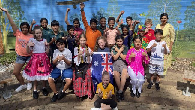 Students at Marsden Road Public School on Harmony Day, March 21, 2022, with school principal Manisha Gazula.Row 1 seated - Violet Gee Row 2 (L-R) - Daniela Pettit Fonseca, Adin Kurdic, Gordana Radosevic, Piper Rose Lawson, Marina Alsabahi, Christine NguyenRow 3 (L-R) - Catherine Gonzales, Austin Chan, Monish Raja, Aryan Libe, Wendy Mutsapata, Ashwidha Kumararaja, Anderson Boetang, Ethan NornRow 4 (L-R) - Carla Marquez Sanchez, Lakshana Senthilkumar, Salieu Diallo, Aryan Govindaraju, Zvonimir Andonov.