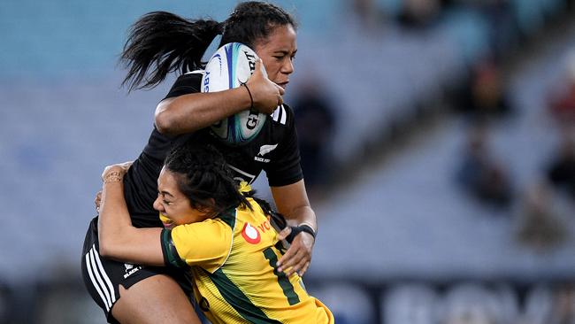 Alena Saili of the Black Ferns is tackled by Atasi Lafai in 2018. Lafai has now changed position.