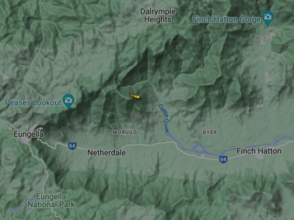 The RACQ CQ Rescue chopper is hovering over a section of mountainous area between Finch Hatton and Eungella. Picture: flightrader24