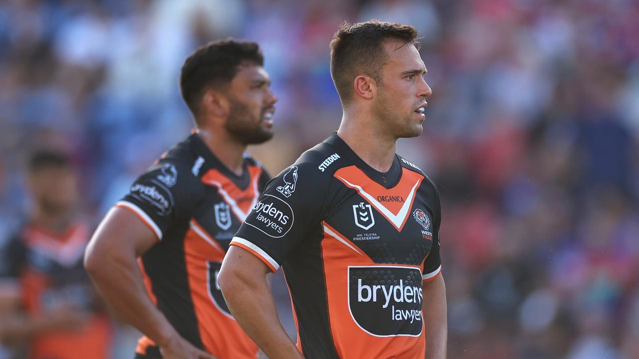 NEWCASTLE, AUSTRALIA - MARCH 20: Luke Brooks of the Wests Tigers looks on during the round two NRL match between the Newcastle Knights and the Wests Tigers at McDonald Jones Stadium, on March 20, 2022, in Newcastle, Australia. (Photo by Cameron Spencer/Getty Images)