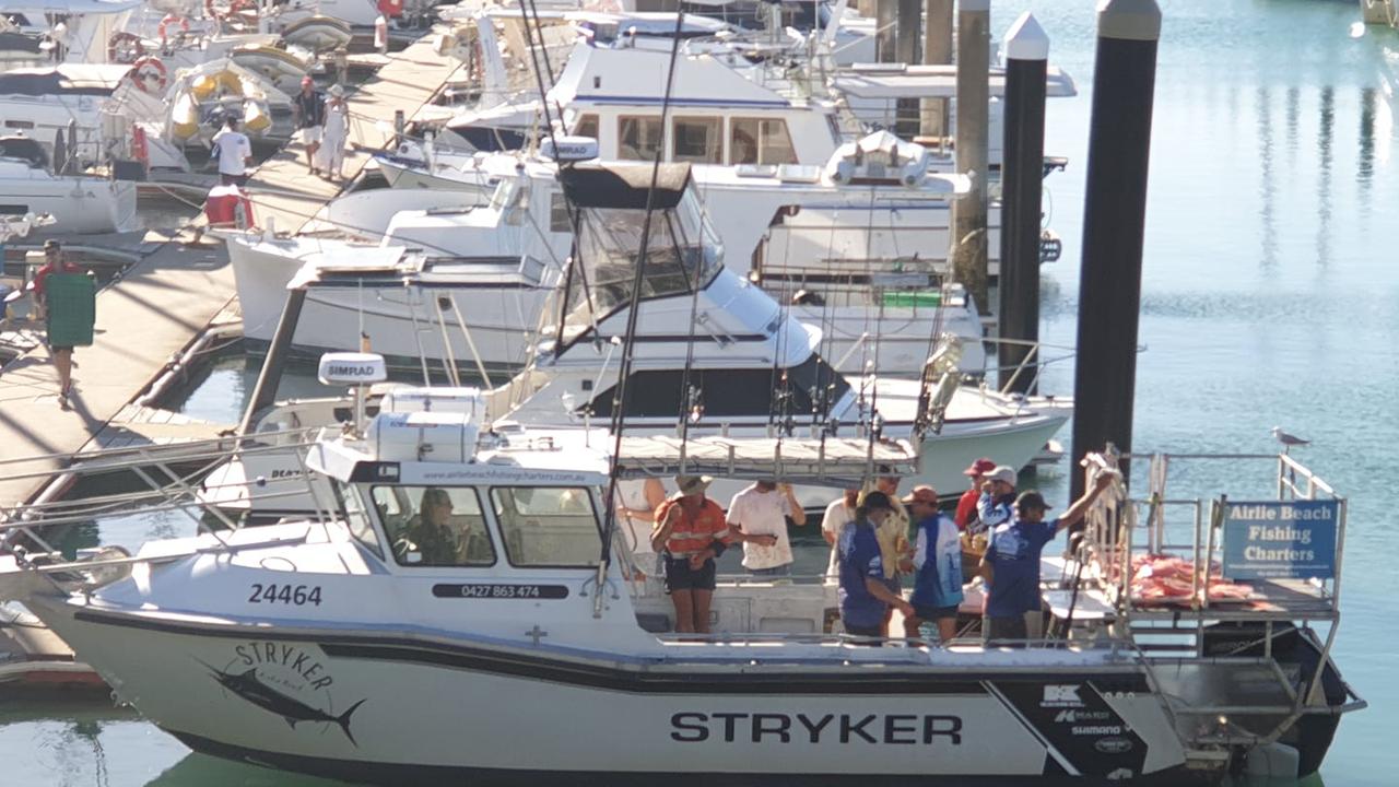 The Whitsunday fishing charter boat where a man was seriously injured after an explosion below deck on May 9, 2024 at Coral Sea Marina.