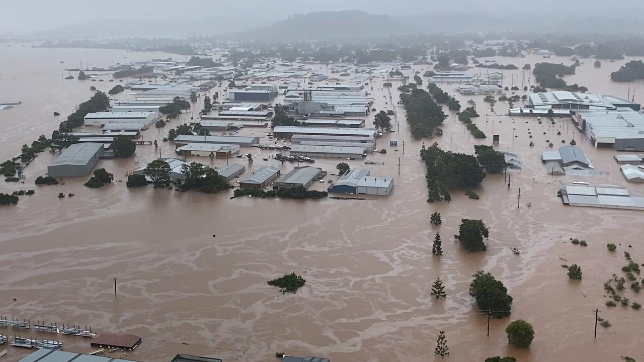 Aerial shots of flooding at Lismore taken by the RACQ Life Flight helicopter. Picture: Supplied