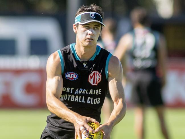 Connor Rozee is enjoying a new role in defence. Picture: Kelly Barnes