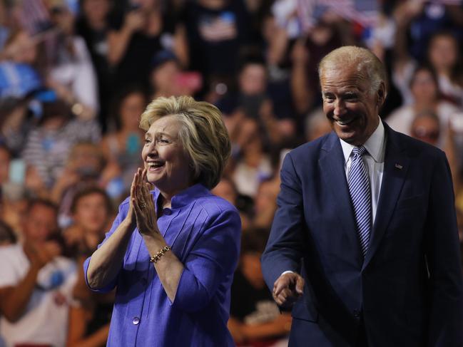 Hillary Clinton at a 2016 rally with Mr Biden. Picture: AFP