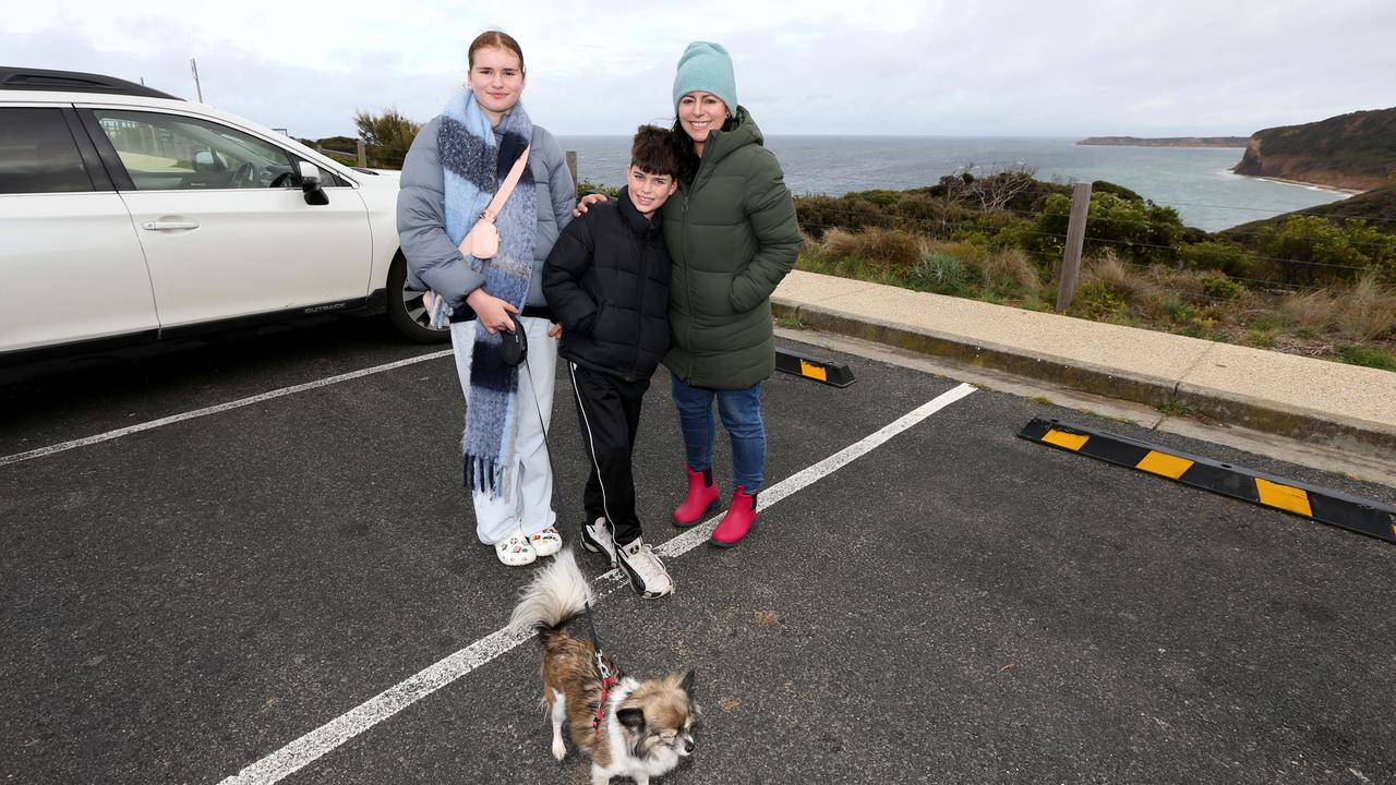 Pip Macdonald with her children Maicey, 13, and Jasper, 9 who are holidaying on the coast with her family in the South Side car park. Picture: Mike Dugdale.