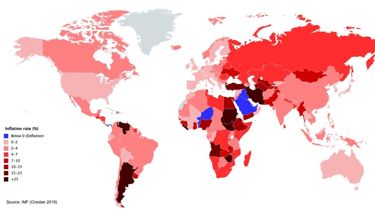 This maps shows inflation levels around the world before the pandemic, in 2019. Picture: Wikipedia