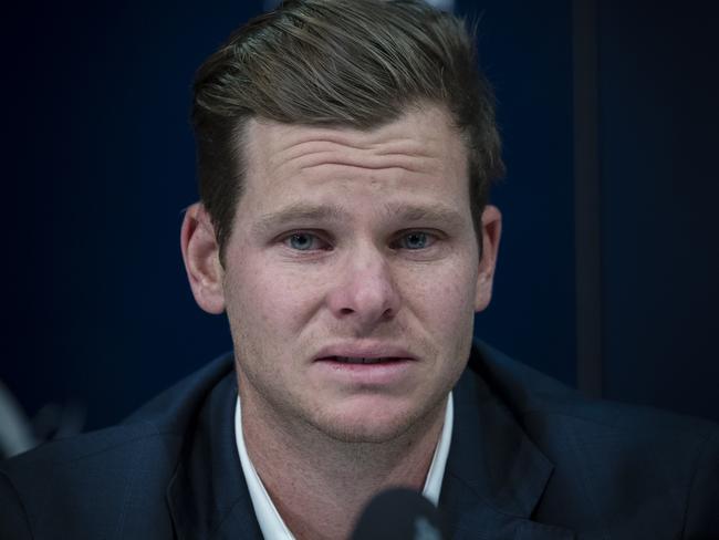 SYDNEY, NEW SOUTH WALES - MARCH 29:  Australian Test cricketer Steve Smith fronts the media at Sydney International Airport on March 29, 2018 in Sydney, Australia. Steve Smith, David Warner and Cameron Bancroft were flown back to Australia following investigations into alleged ball tampering in South Africa.  (Photo by Brook Mitchell/Getty Images)