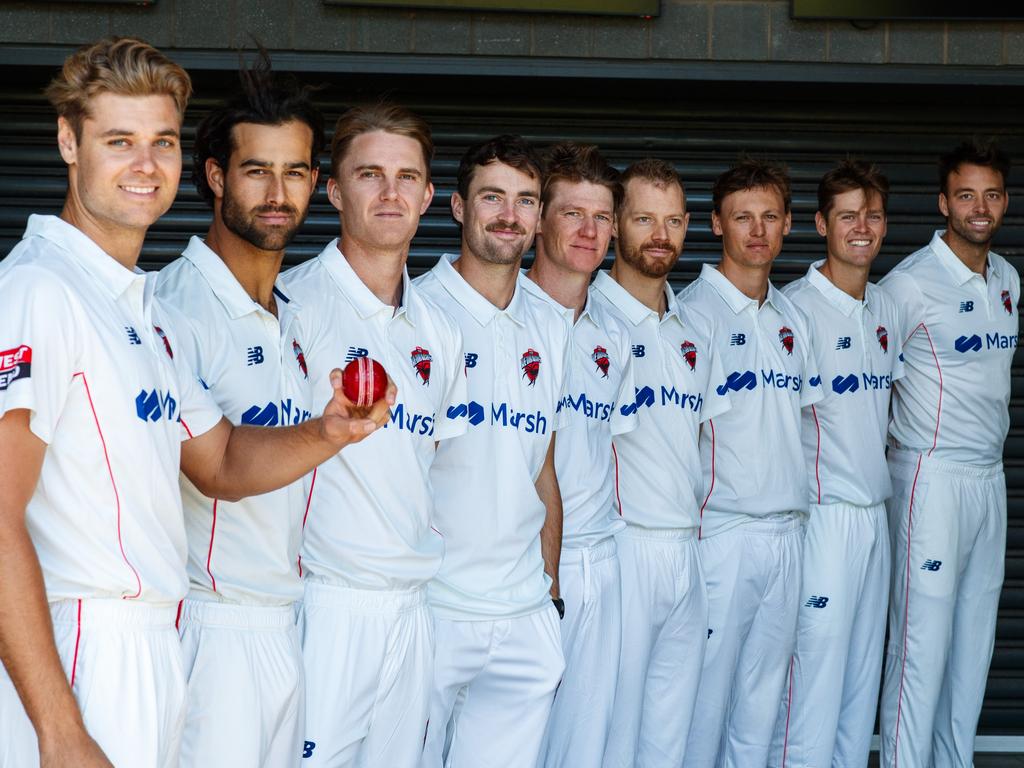 Redbacks fast bowlers (not in order) Spencer Johnson, Jordan Buckingham, Wes Agar, Nathan McAndrew, Brendan Doggett, Harry Conway, Henry Thornton, David Grant and Liam Scott lined up together in their full state kits, with balls etc at Adelaide Oval. It is a 9-man pace battery. Picture Matt Turner.