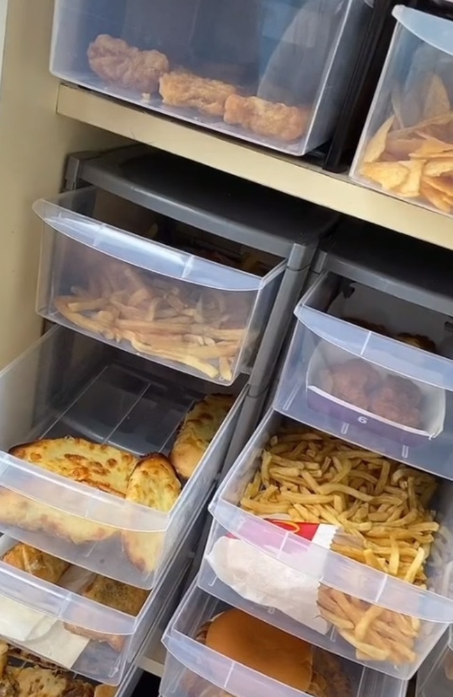 There’s a bunch of plastic trays with a different kind of processed food inside. Picture: Tiktok/elifgkandemir