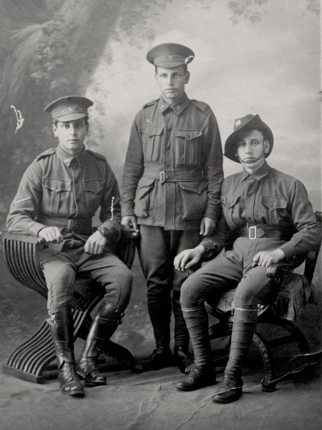 “My father Richard Lamaro, 23, with my uncles Joseph, 20, and Vincent, 16, the sons of Sicilian immigrants, in 1916. They all returned home and Uncle Joe later became a NSW Attorney-General, Minister for Justice and a judge. Joseph drafted the Moratorium Act in NSW during the Great Depression, to protect people being thrown out of their houses.” Picture: Supplied by Margaret Clancy