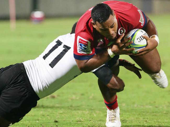 Reds player Taniela Tupou scores in the first half in the game against Fiji.Qld Reds Super Rugby trial v Fiji at Ballymore. 15th February 2018Photo AAP/ Ric Frearson