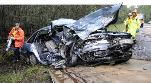 The crumbled remains of the car in which a Queensland husband and wife lost their lives after being hit head-on by a car driven by a 17-year-old P-plater south of Woodburn. . Picture: Doug Eaton