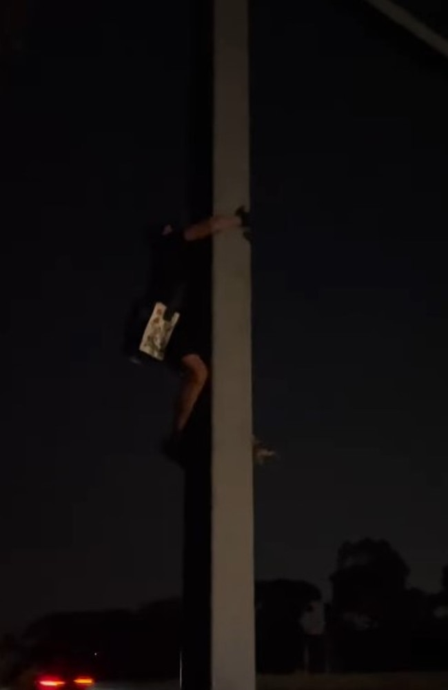 Two people scaling a pole to vandalise a road sign overlooking the city’s train network. Picture: Instagram/goodbirdart