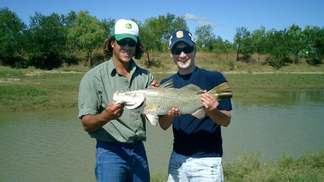 Symonds and Clarke during a fishing trip. Picture: Supplied