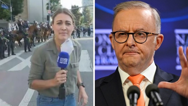 Anthony Albanese has reacted angrily after LA riot officers shot Nine reporter Lauren Tomasi while she was covering the demonstrations. Picture: NewsWire