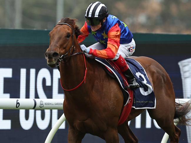 SYDNEY, AUSTRALIA - NOVEMBER 02: Craig Williams riding Bella Nipotina wins Race 7 Russell Balding Stakes during Golden Eagle Day at Rosehill Gardens on November 02, 2024 in Sydney, Australia. (Photo by Jeremy Ng/Getty Images)